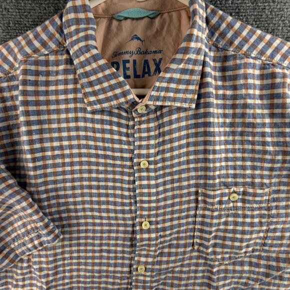 Tommy Bahama ALL LINEN Shirt Blue Orange Check Relax 2XL Short Sleeve Hawaii - Picture 1 of 13
